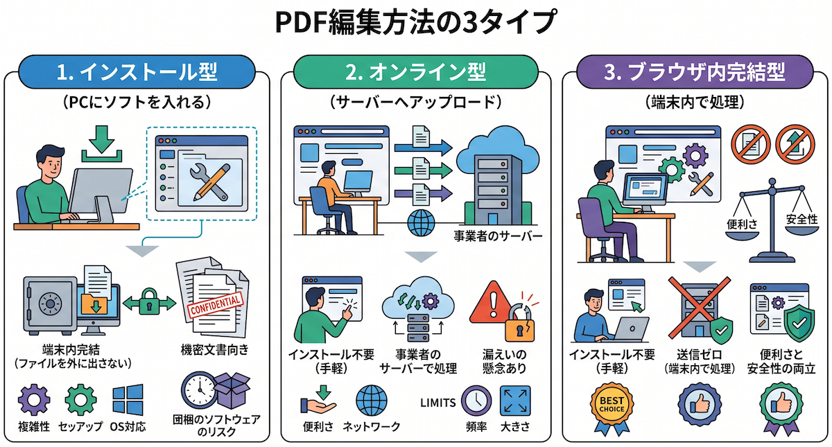 PDF編集方法 インストール型・オンライン型・ブラウザ内完結型の3タイプ