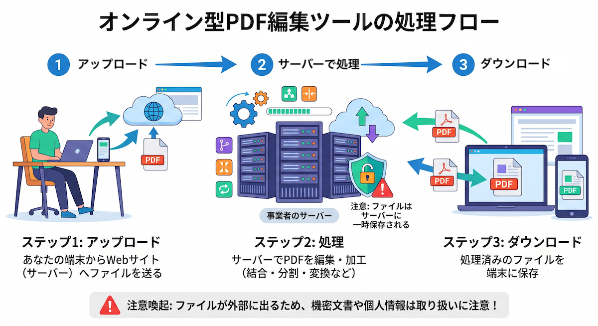 オンライン型PDF編集ツールにファイルをアップロードして処理し、結果をダウンロードする流れの図